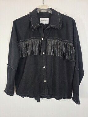 The Style Between Us Black Denim Fringe Rhinestone Shacket Jacket Large